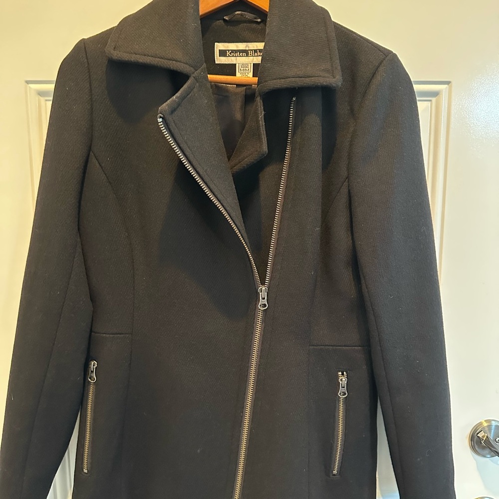Kristen Blake Black Asymmetrical Zip Stylish Pea Coat with Zipper Details